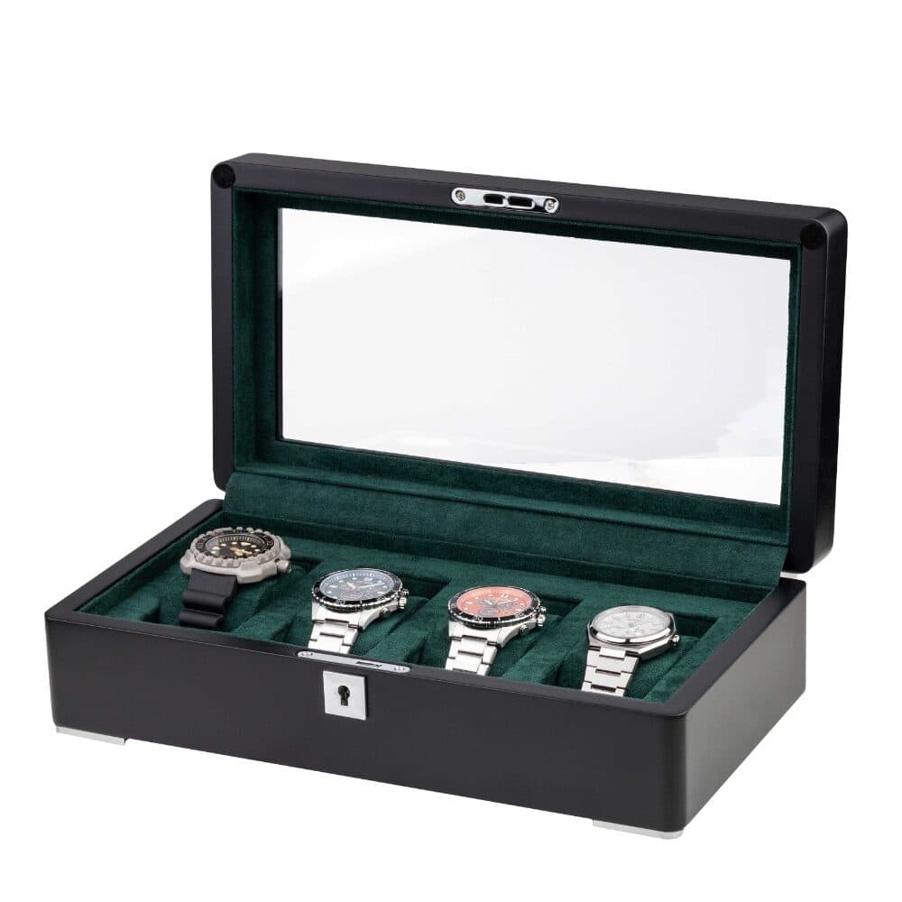 rothenschild-rs-3420-4-bl-gre-watchbox-open-2 Watch Box para 4 Relojes Negro y Terciopelo Verde RS-3420-4-BL-GRE Rothenschild