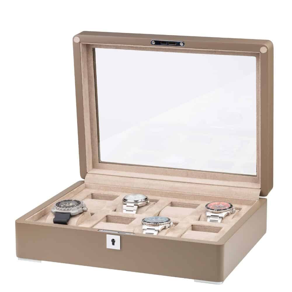 rothenschild-rs-3420-8-ta-tan-watch-box-front-opn-2 Watch Box para 8 Relojes Marrón y Terciopelo Beige RS-3420-8-TA-TAN Rothenschild