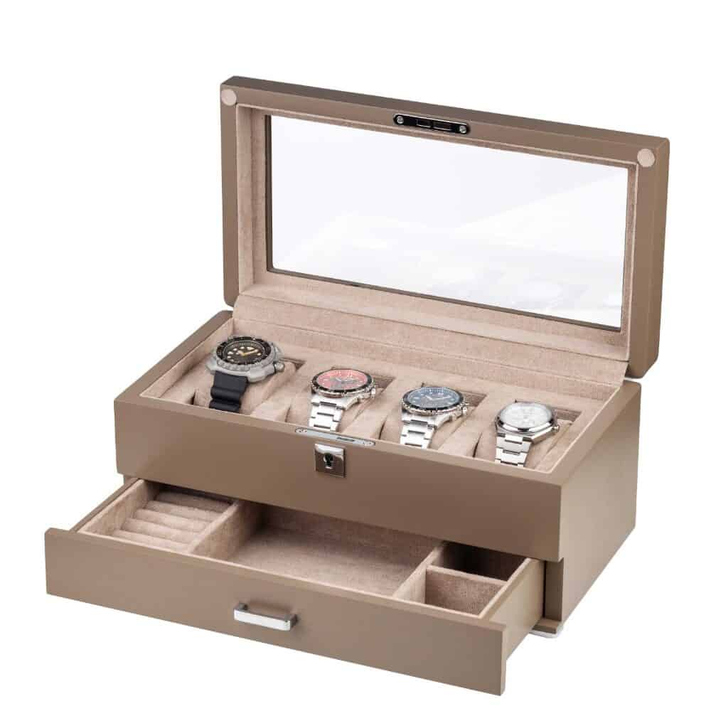 rothenschild-rs-3421-4-ta-tan-watchbox-packshot-front-open-1 Watch Box para 4 Relojes Marrón con Cajón y Terciopelo Beige RS-3421-4-TA-TAN Rothenschild