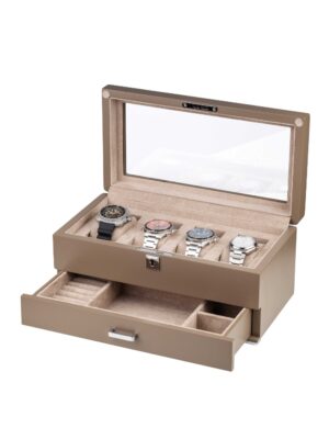 rothenschild-rs-3421-4-ta-tan-watchbox-packshot-front-open-1 Watch Box para 4 Relojes Marrón con Cajón y Terciopelo Beige RS-3421-4-TA-TAN Rothenschild