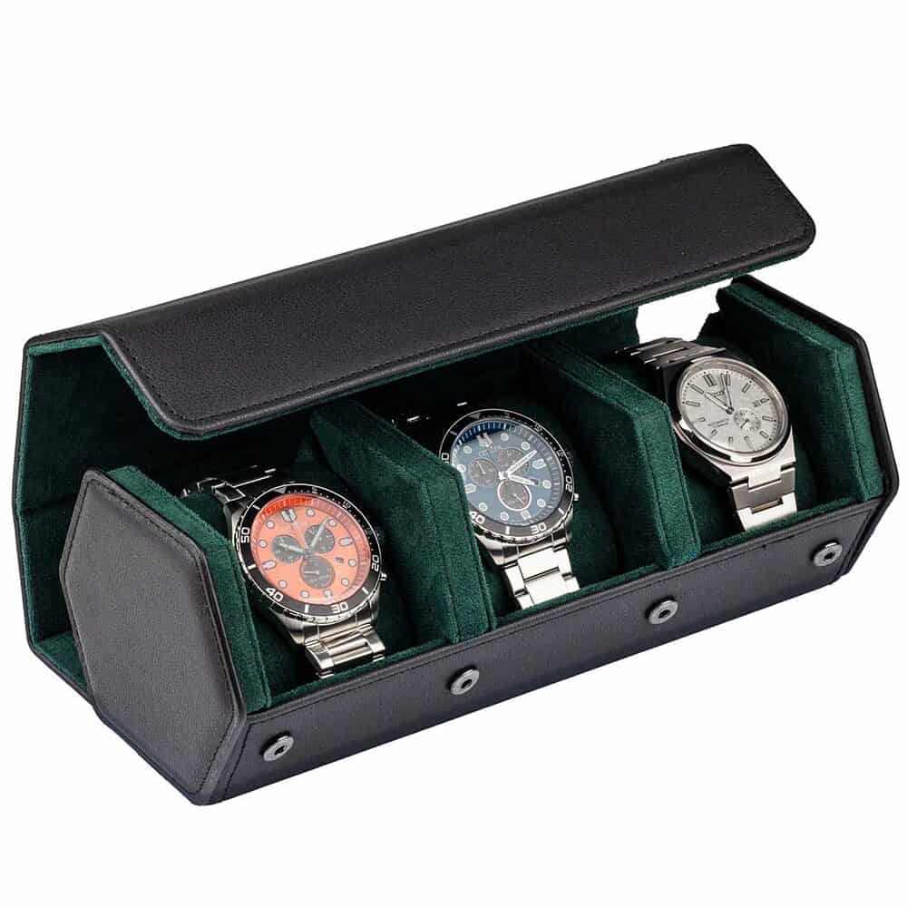 rs-3176-3-bl-gn_front_45 Estuche de Viaje (Watch Roll) para 3 Relojes Negro-Verde RS-3176-3-BL-GN Rothenschild