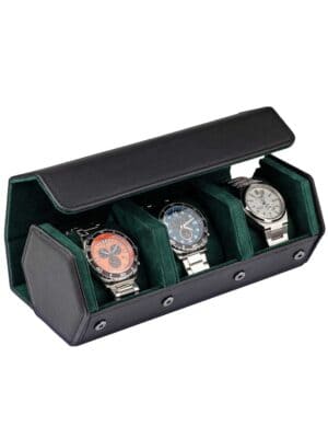 rs-3176-3-bl-gn_front_45 Estuche de Viaje (Watch Roll) para 3 Relojes Negro-Verde RS-3176-3-BL-GN Rothenschild
