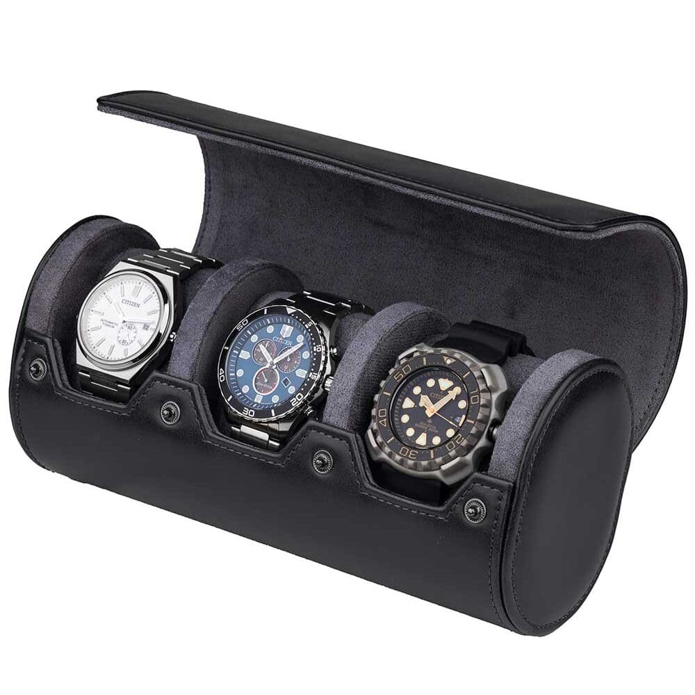 rs-3621-3bl_45open Estuche de Viaje (Watch Roll) para 3 Relojes Negro-Gris RS-3621-3BL Rothenschild