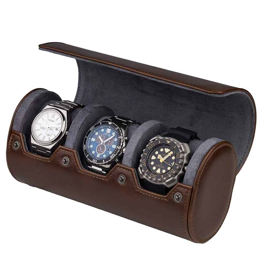 rs-3621-3br_45open Estuche de Viaje (Watch Roll) para 3 Relojes Marrón-Gris RS-3621-3BL Rothenschild