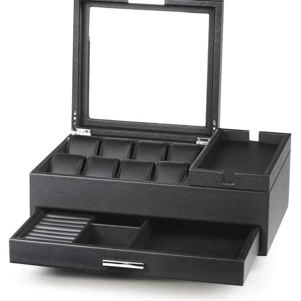 rs-lf8wb2v-bl_open Watch Box para 6 Relojes y Accesorios Cuero Sintético con Cajón RS-LF8WB2V-BL Rothenschild