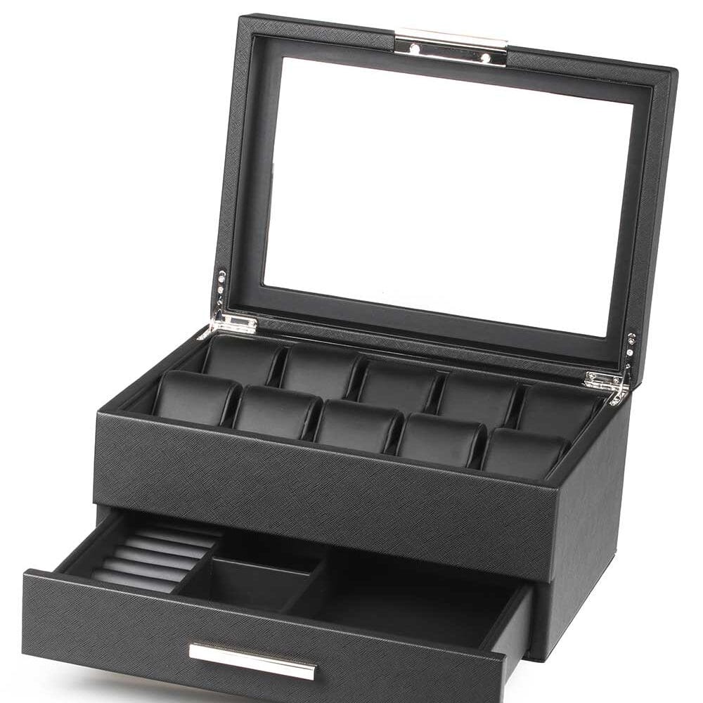 rs-lmwb-10wd_open Watch Box para 10 Relojes y Accesorios Cuero Sintético con Cajón RS-LMWB-10WD Rothenschild
