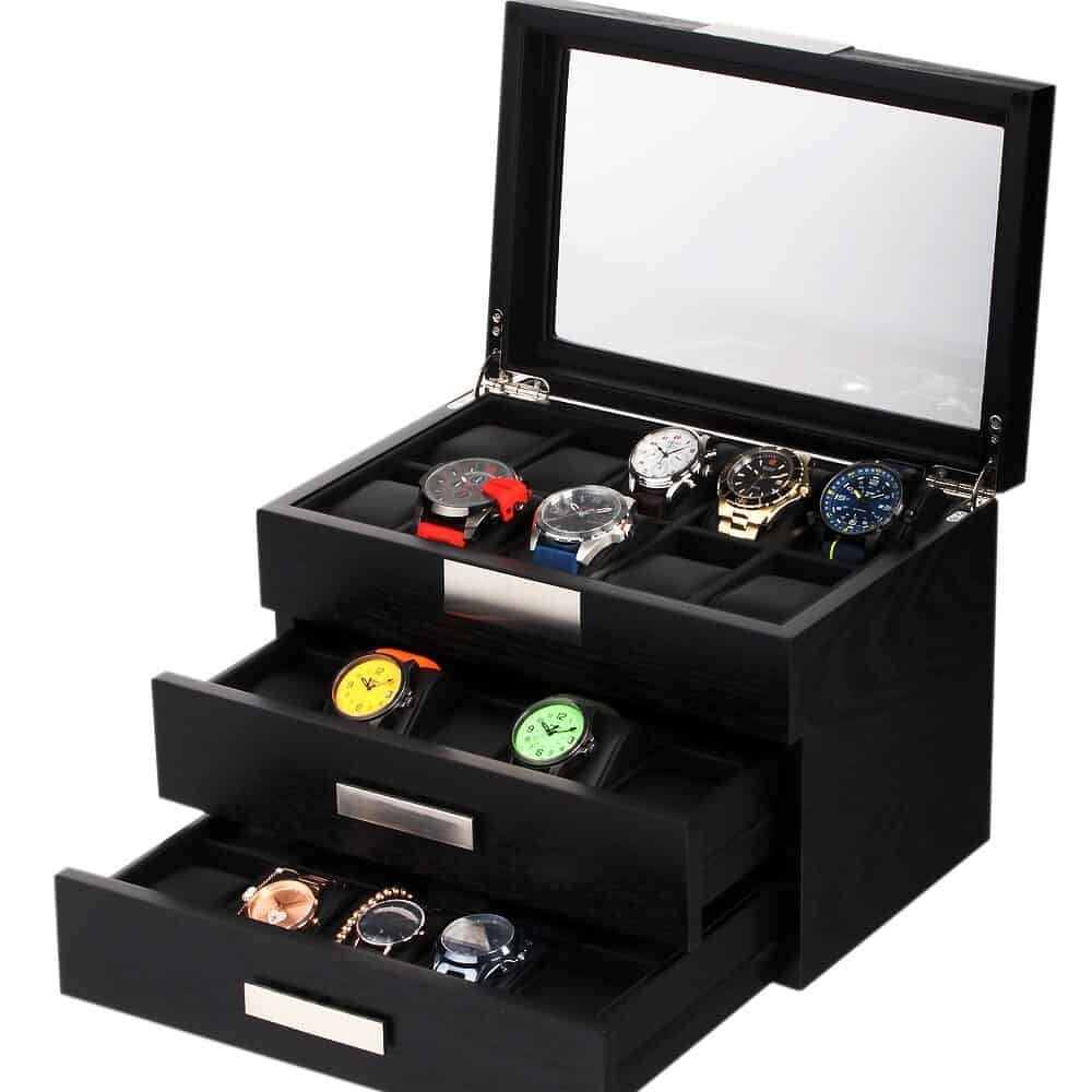 sw-2350-30bl-pu_open Watch Box para 30 Relojes Negro RS-2350-30BL Rothenschild